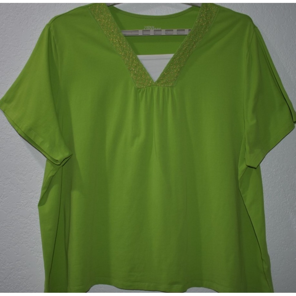 Catherines 4X Top LIME GREEN Split V-Neck Embroidered Short Sleeve Pullover